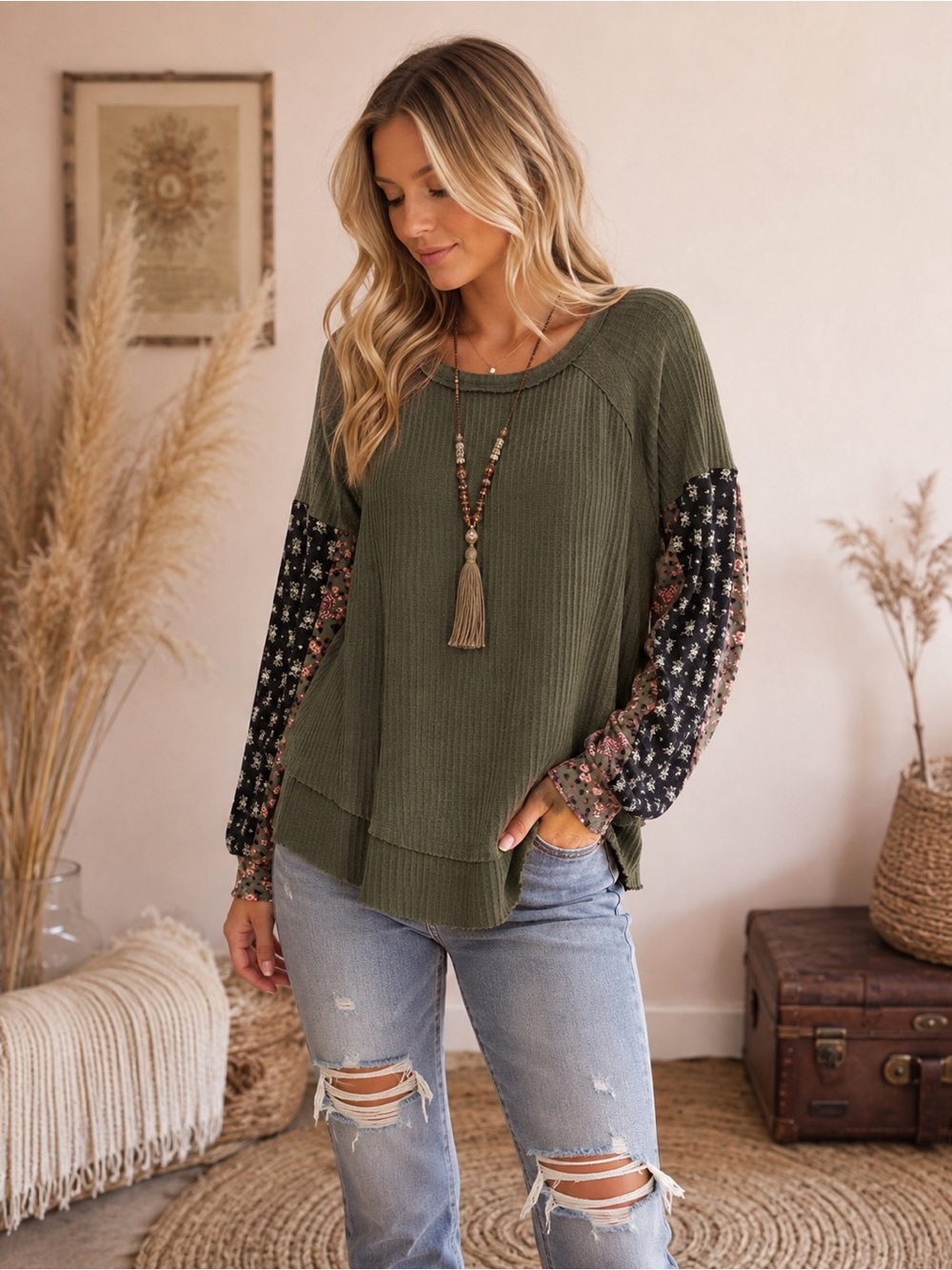Knox Rose Olive Green Waffle Knit Top with Black Floral Balloon Sleeves